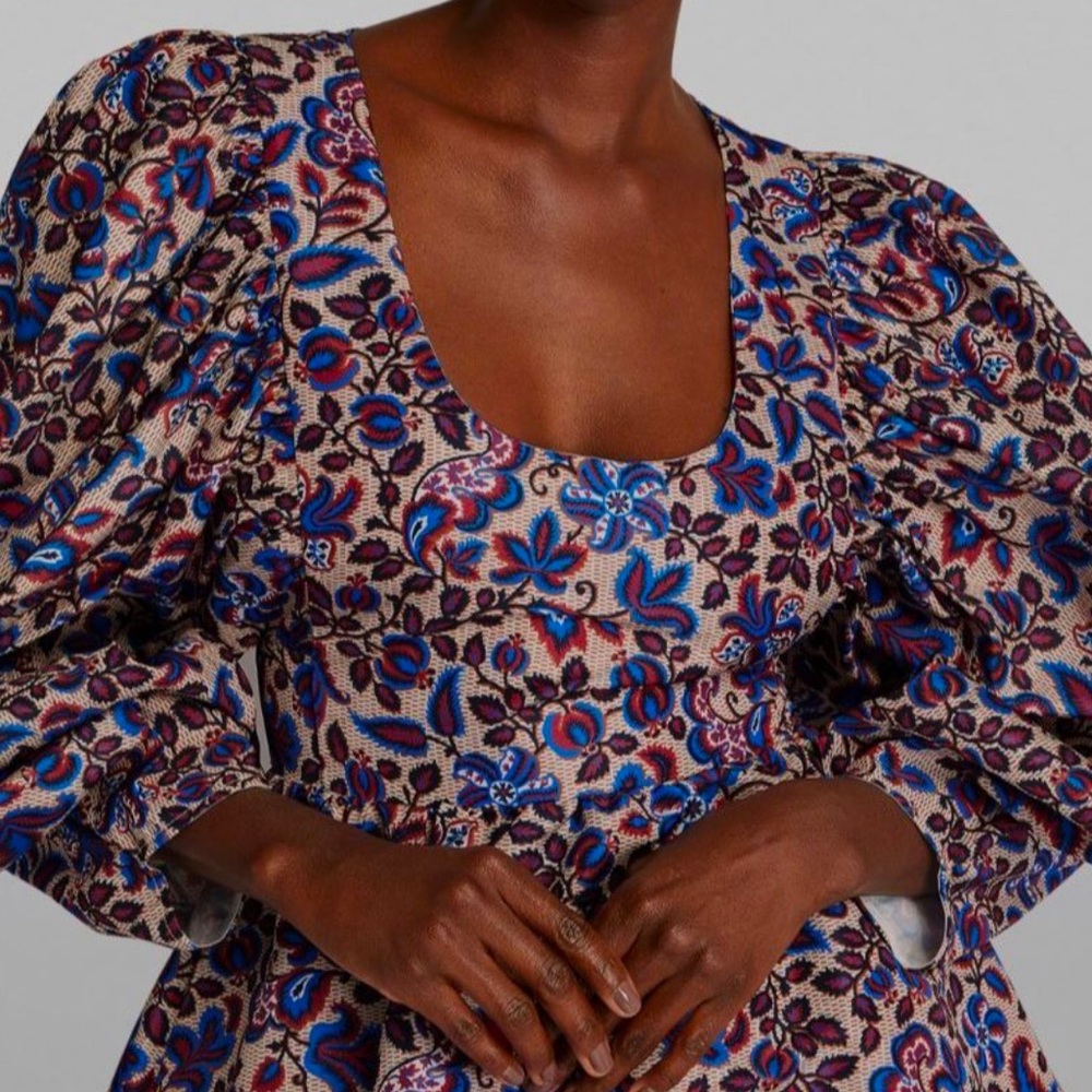 La Double J Dolly Floral Ortica Blue Print Puff Sleeve A Line Dress